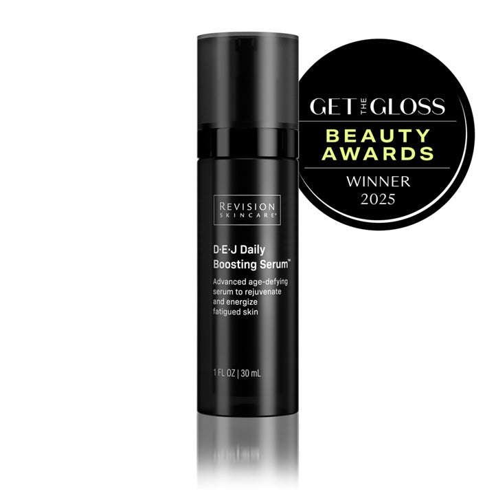Black skincare serum bottle with 'Revision Skincare' branding and 'Get the Gloss Beauty Awards Winner 2025' badge on a white background.